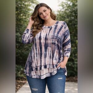 Navy and Coral Tie-Dye Long Sleeve Top